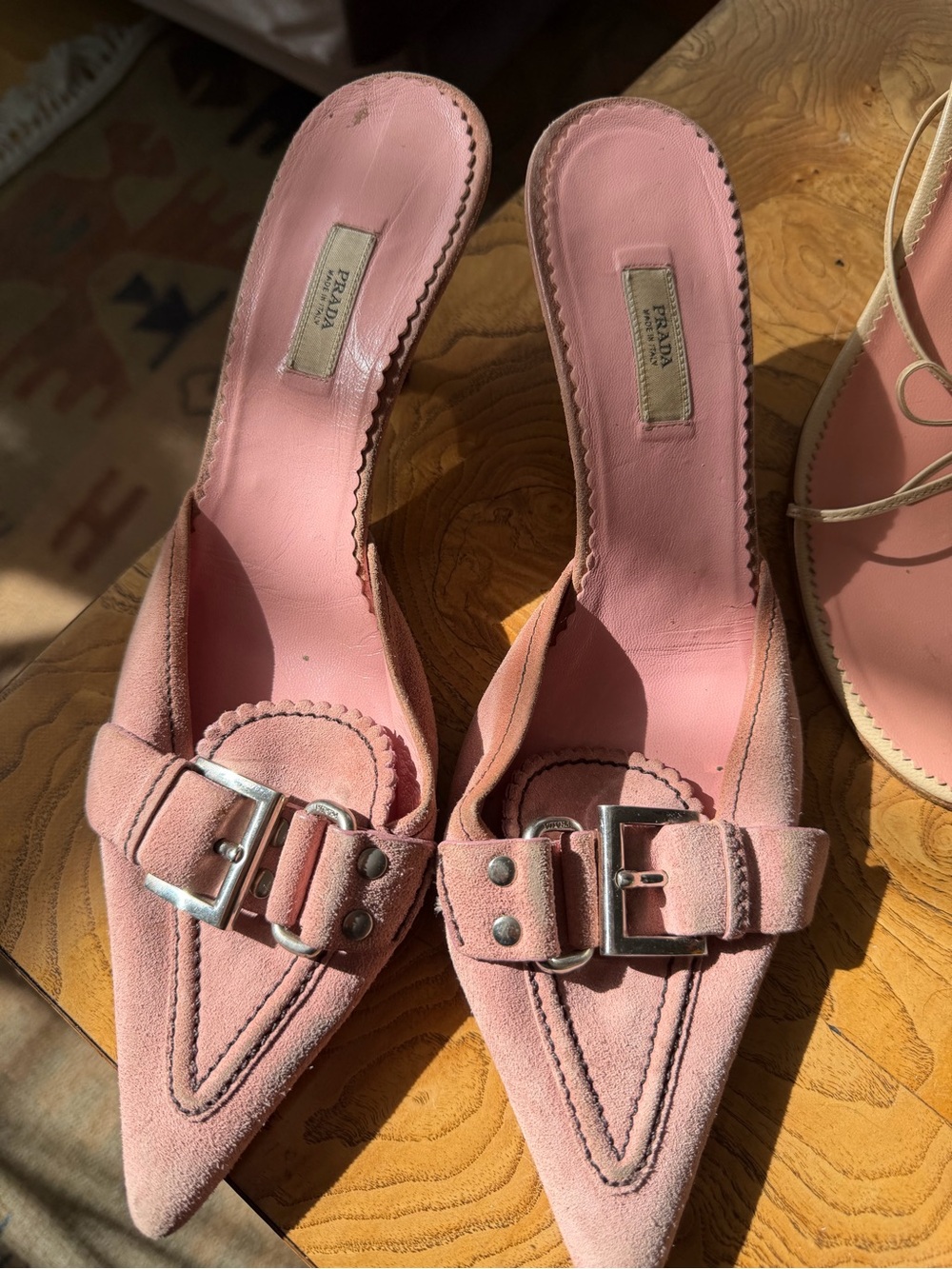 Prada Pink Suede Pointed Buckle Mules